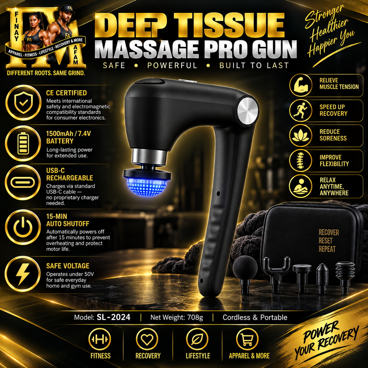 Deep Tissue Massage Pro-Gun with Adjustable handle