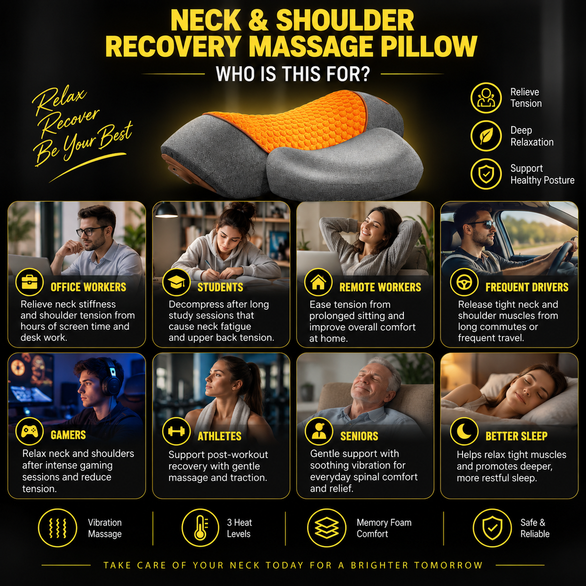 3-in1 Neck & Shoulder Recovery Pillow – Heat, Vibration & Stretch