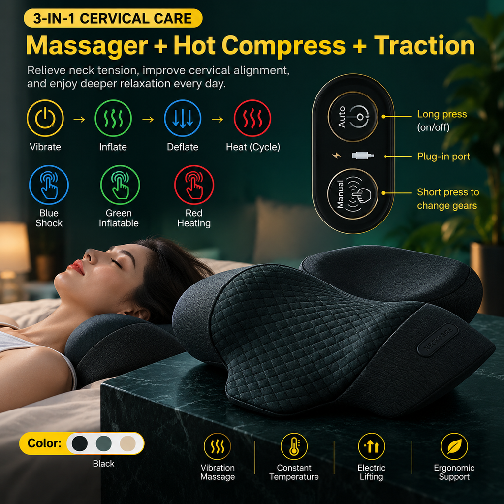 3-in1 Neck & Shoulder Recovery Pillow – Heat, Vibration & Stretch