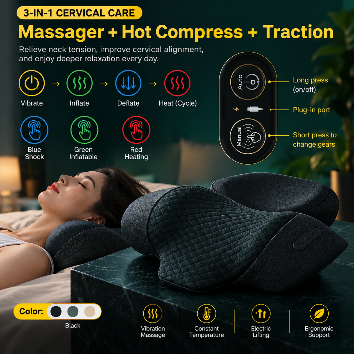 3-in1 Neck & Shoulder Recovery Pillow – Heat, Vibration & Stretch